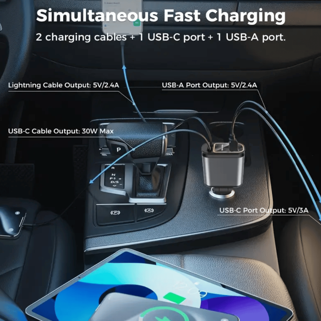 SkyFuse 4-in-1 car charger with 120W power output and LED starry sky design for multiple device charging
