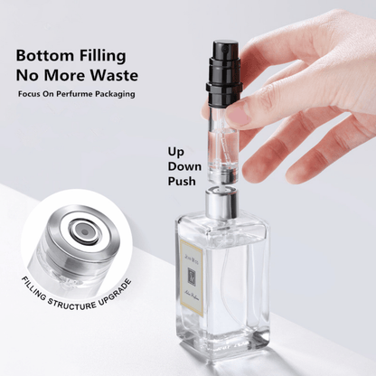 A hand holding a black travel-size perfume atomizer with a fine spray of perfume, highlighting the product's capability to spray without water drops.
