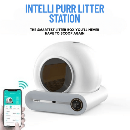 IntelliPurr litter box internal mechanism showing automatic cleaning system and waste collection tray