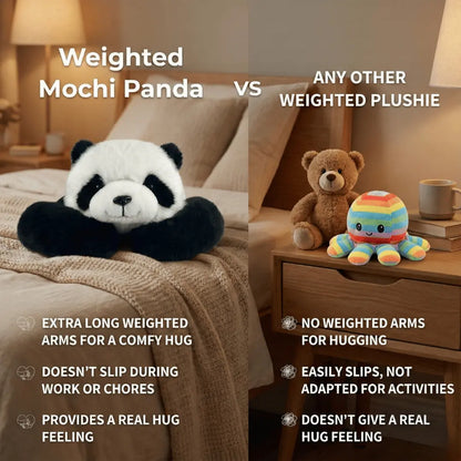 Comparison of a weighted Mochi Panda plushie with other weighted plushies on a bed and nightstand.