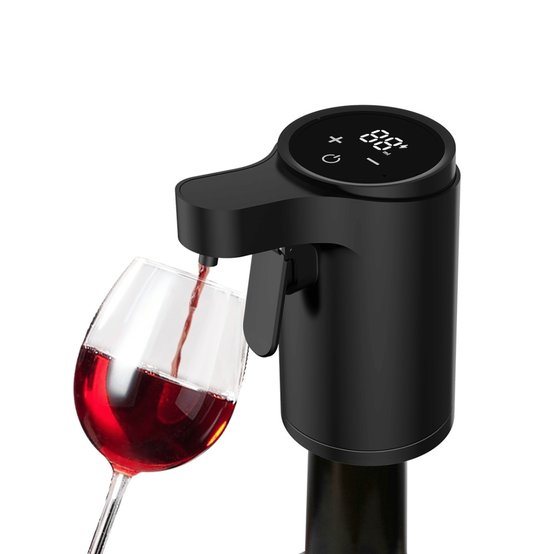 Black electric wine pump pouring red wine into a glass on a white background