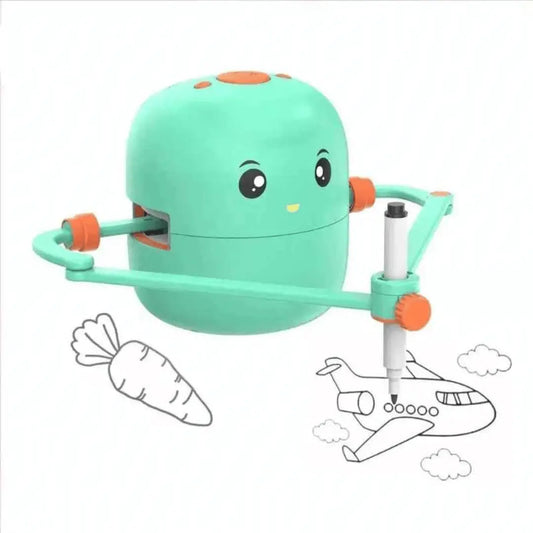 Green robotic toy that is designed to draw, representing the product DrawMate.