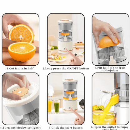 Step-by-step guide on how to use a manual juicer with images of hands performing actions.