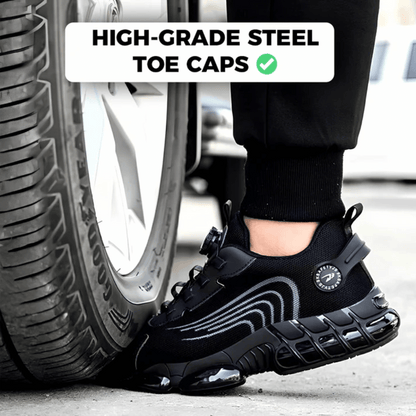 A pair of black safety sneakers designed for comfort, featuring a text overlay that reads 'BUILT FOR SAFETY, DESIGNED FOR COMFORT' and a graphic indicating 'Glass Breaker Proof'. There are also stars indicating a rating and a count of '12,345+ Happy Customers'.