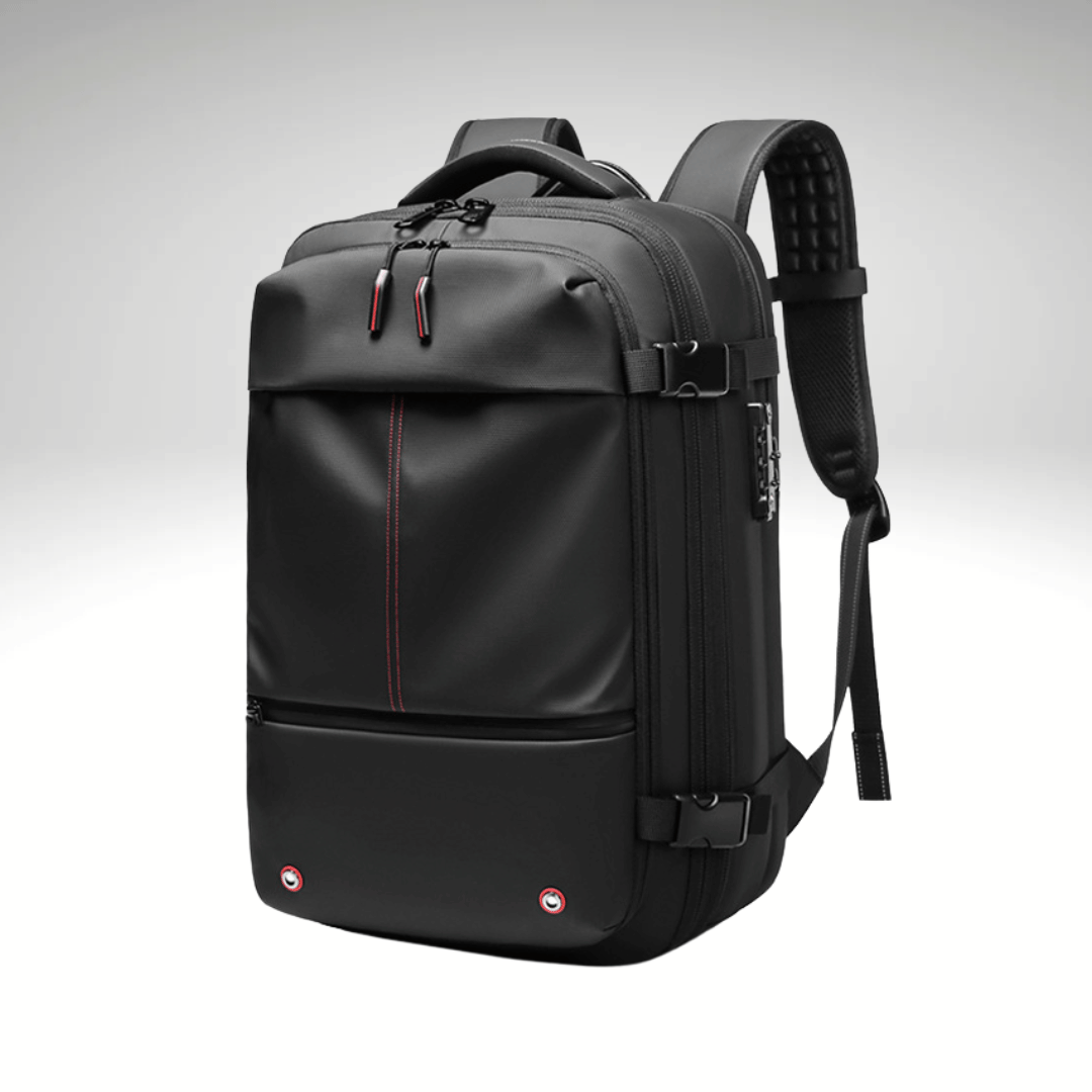 A collection of images showcasing a black TravelMaster Backpack with different views, highlighting its features such as multiple compartments, dedicated laptop section, and ergonomic design.