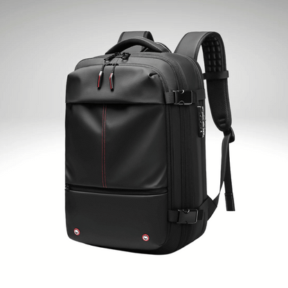 A collection of images showcasing a black TravelMaster Backpack with different views, highlighting its features such as multiple compartments, dedicated laptop section, and ergonomic design.