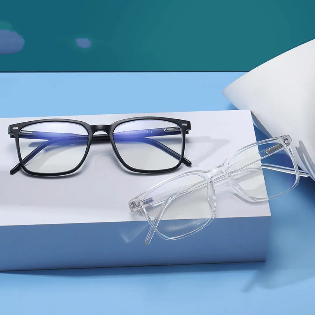 Two pairs of glasses on a blue and white background