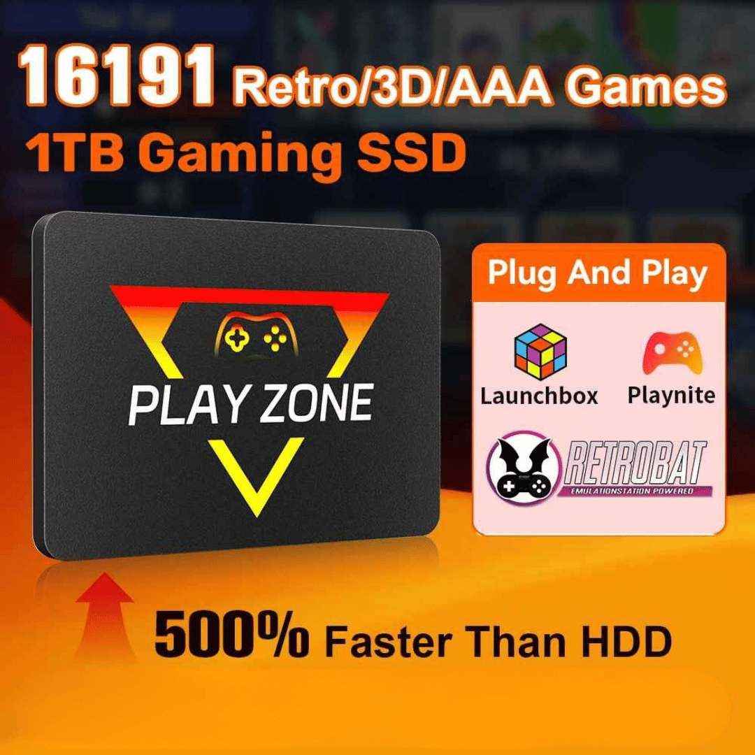 The image shows a promotional graphic for the GameZone, highlighting its features such as 1TB SATA SSD, 10Gbps, and compatibility with multiple operating systems. The graphic also mentions the inclusion of 16,191 games and plug-and-play functionality.