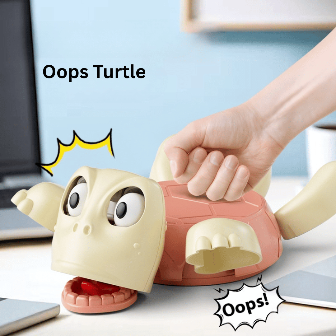 A child playing with a toy turtle that has a movable head and appears to be making a humorous expression.