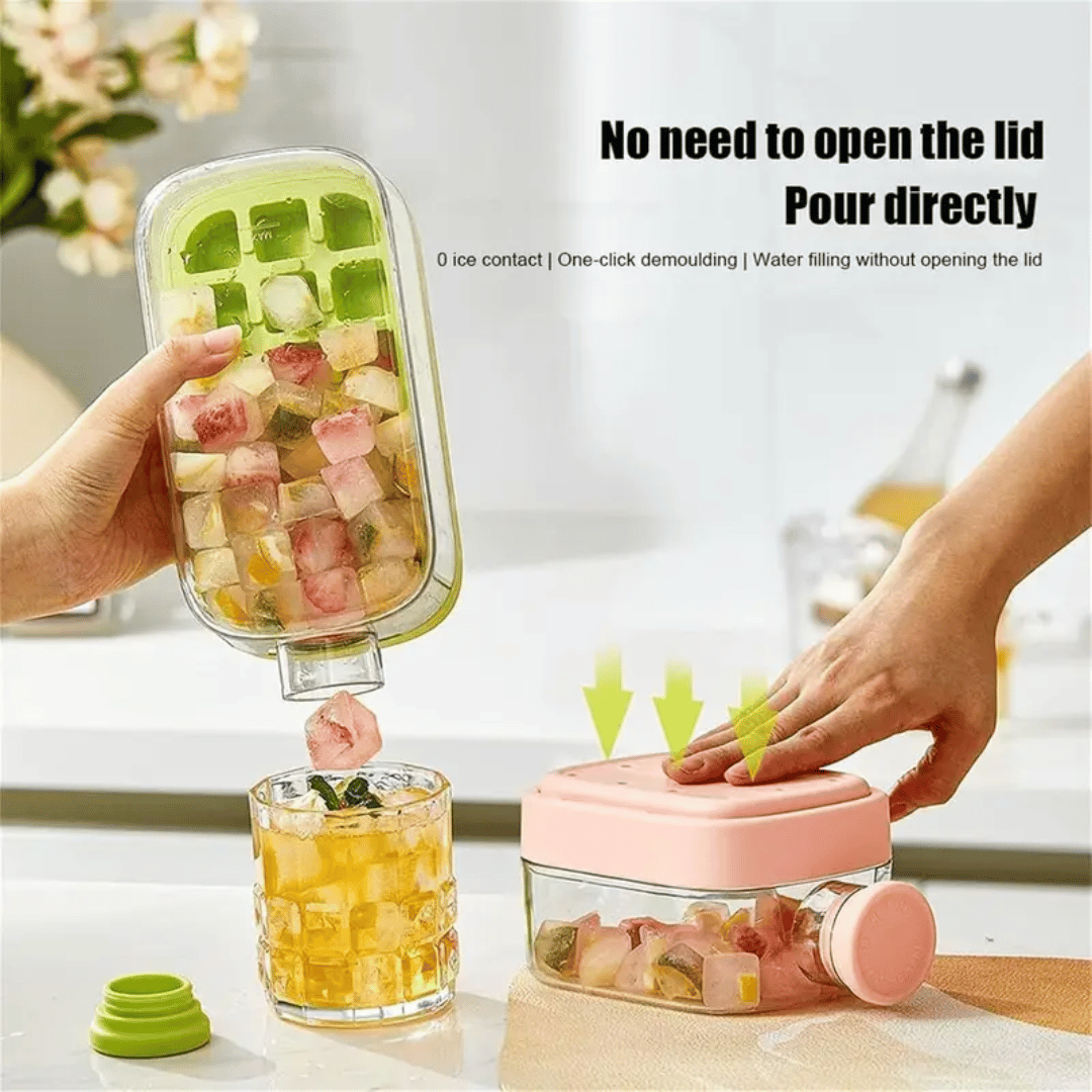 Ice cube tray with pink lid being used to pour ice cubes into a glass.