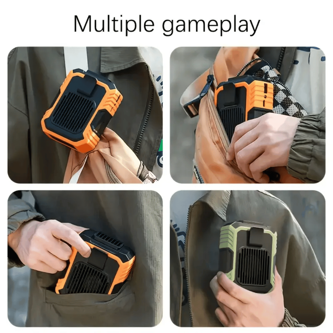 A portable orange and black fan attached to a belt, with a person's pants in the background.