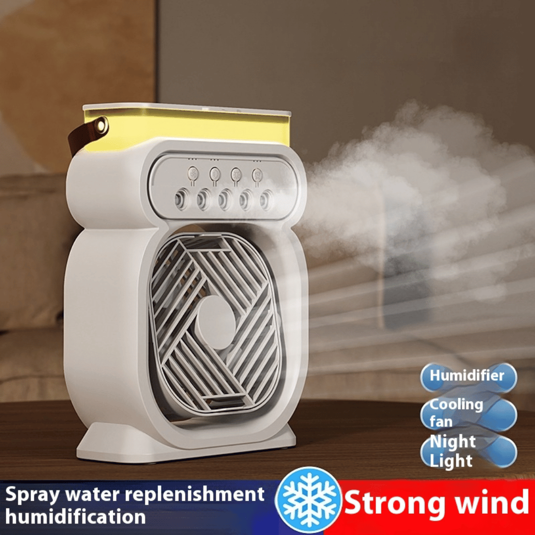 Portable air conditioner with humidifier, cooling fan, and night light functions on a wooden surface.