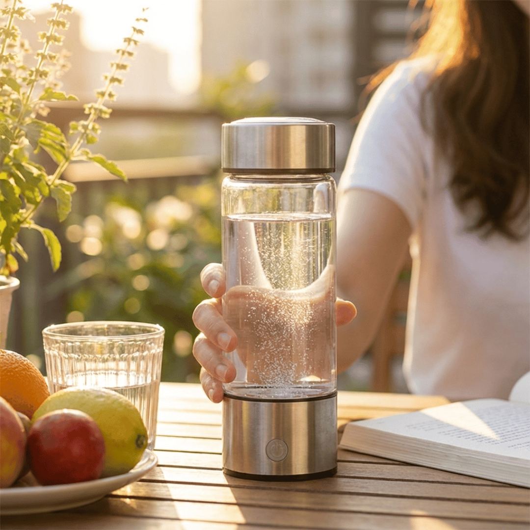 Person holding a glass water bottle with a metallic base on a wooden table outdoors.