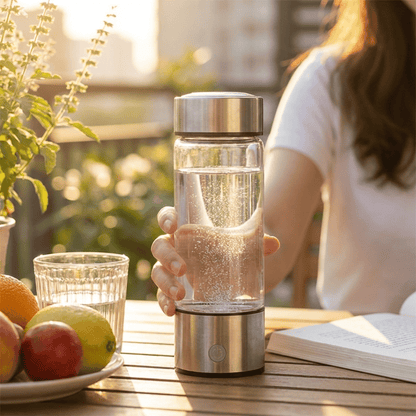 Person holding a glass water bottle with a metallic base on a wooden table outdoors.