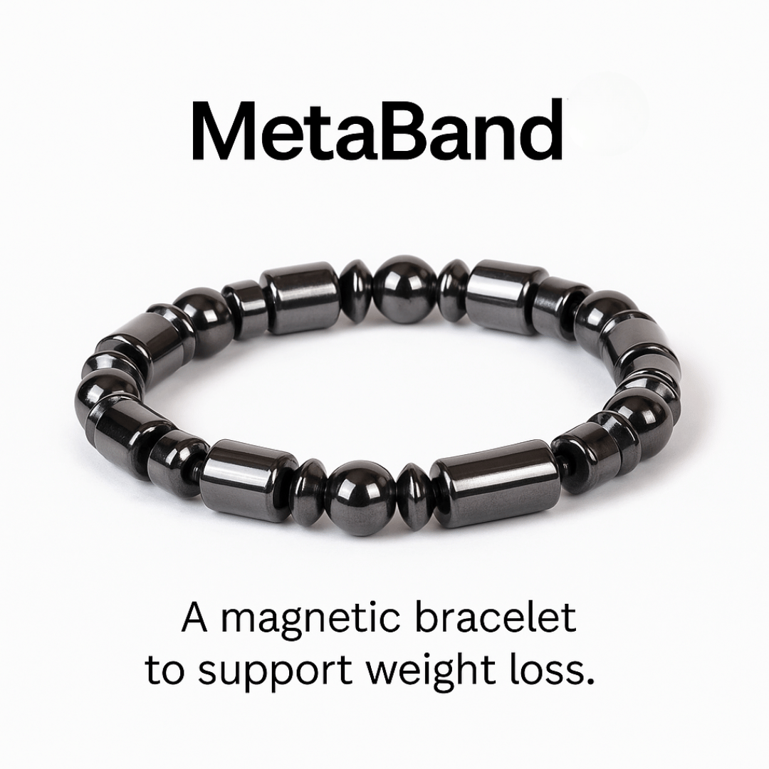 Close-up view of MetaBand hematite stone magnetic bracelet showing premium black stones and sleek design