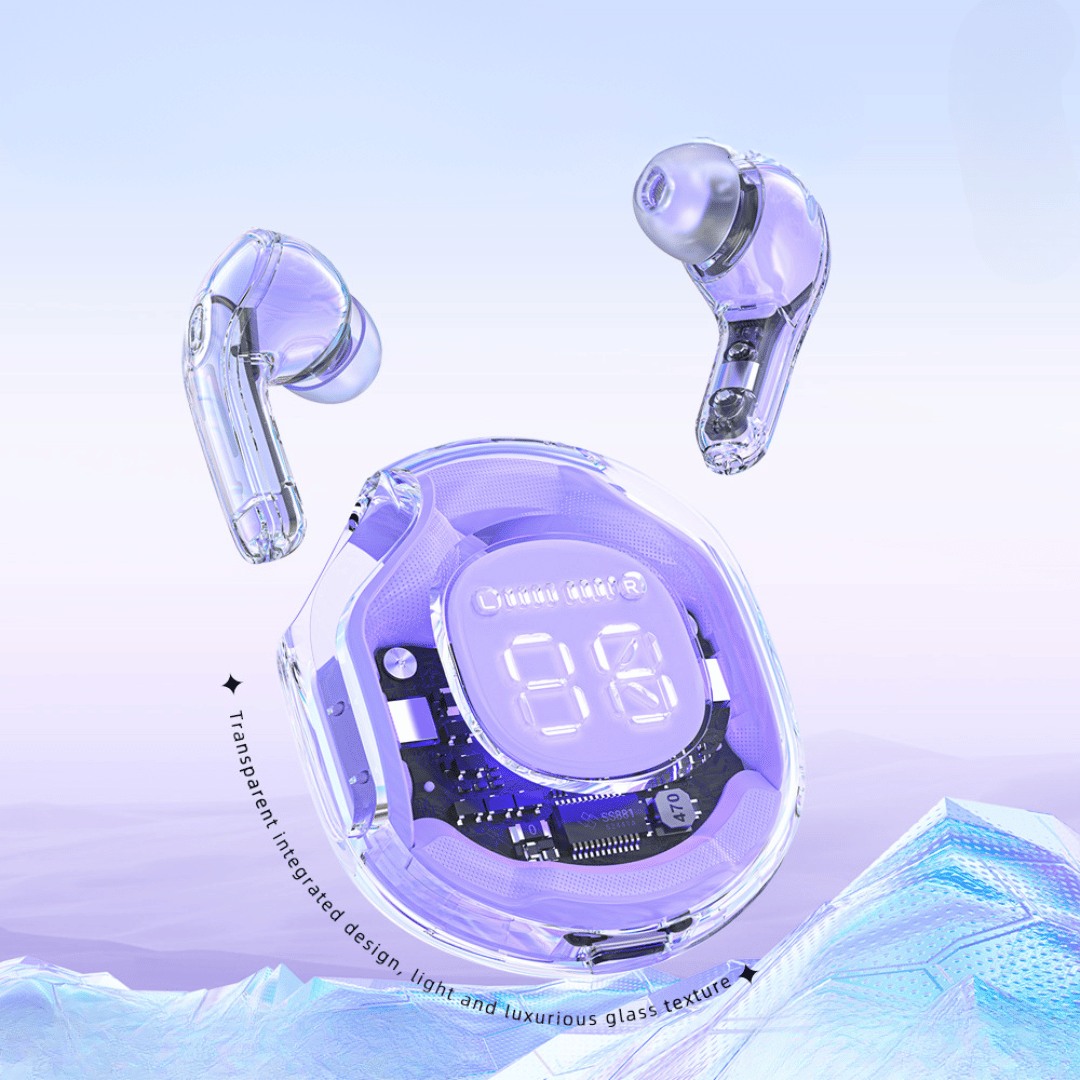 Transparent wireless earbuds with charging case on a light blue background