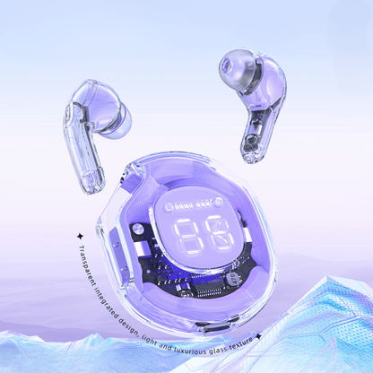 Transparent wireless earbuds with charging case on a light blue background