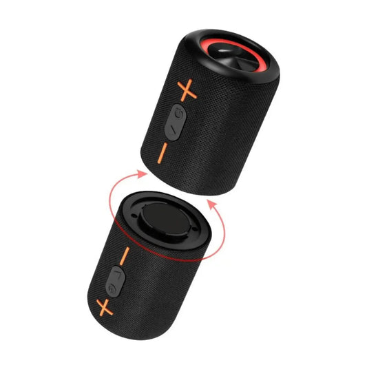 Black portable speaker with orange accents on a white background