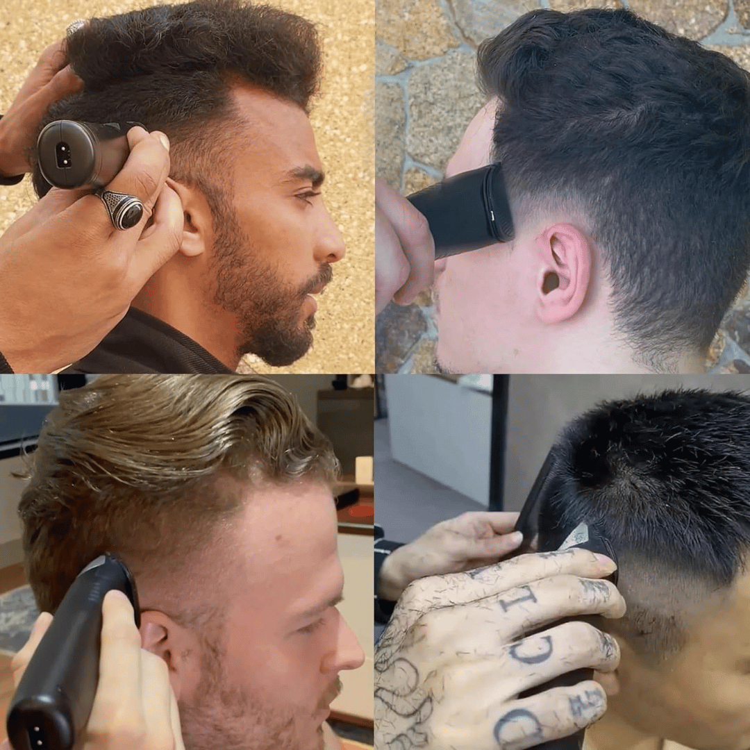 Collage of men using hair clippers on different hairstyles.
