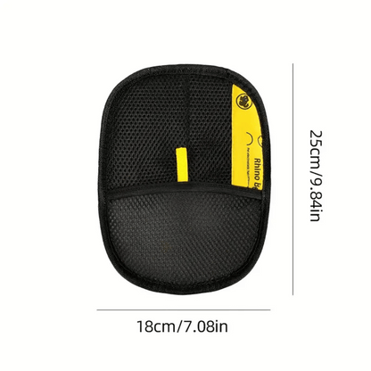 Black car seat cushion with a yellow label and dimensions on a white background
