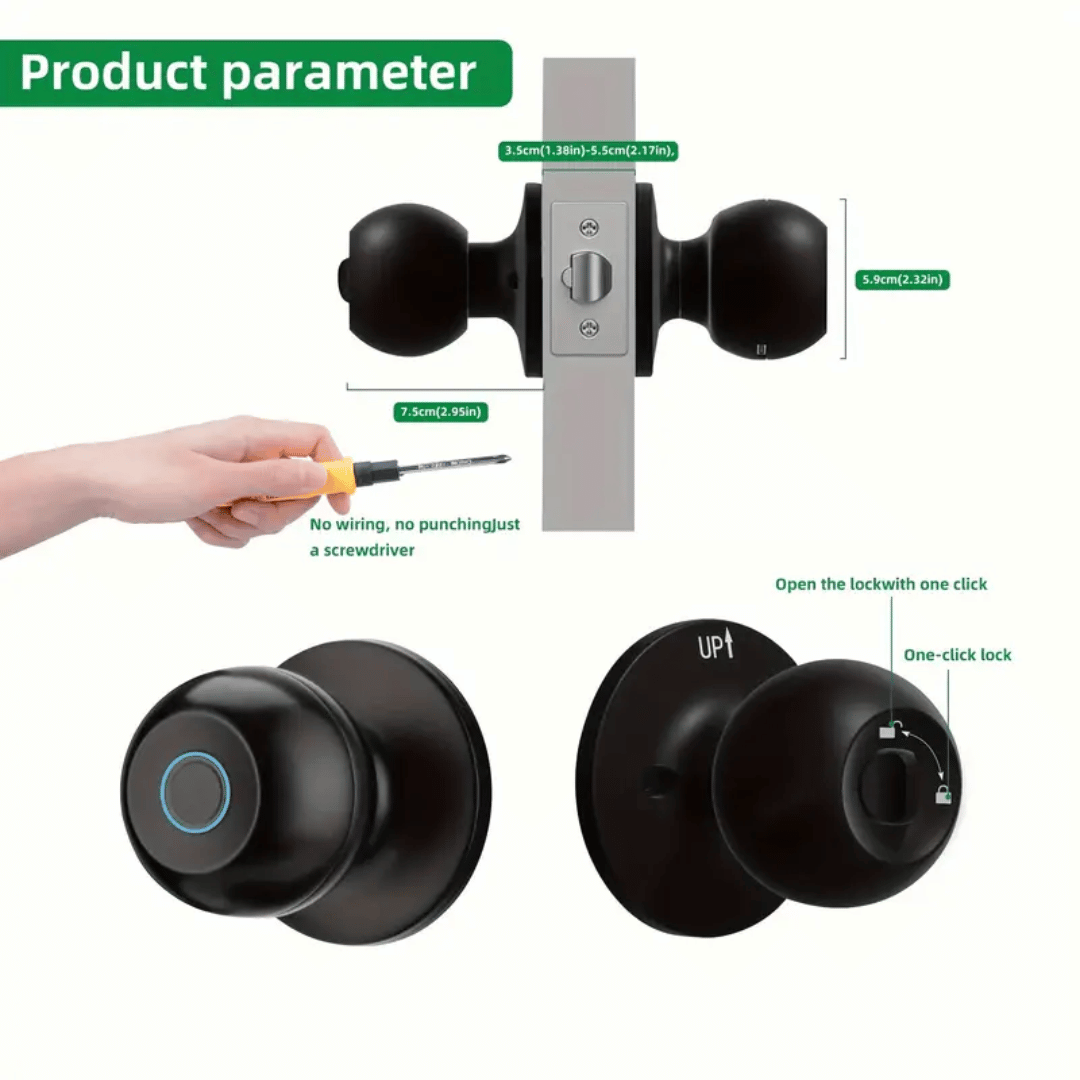 Smart lock with screwdriver and installation details on a white background