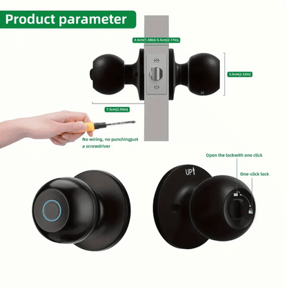 Smart lock with screwdriver and installation details on a white background