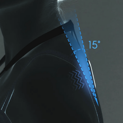 A posture corrector device worn around the neck and back, with a visible blue button, presumably for turning the device on or off.