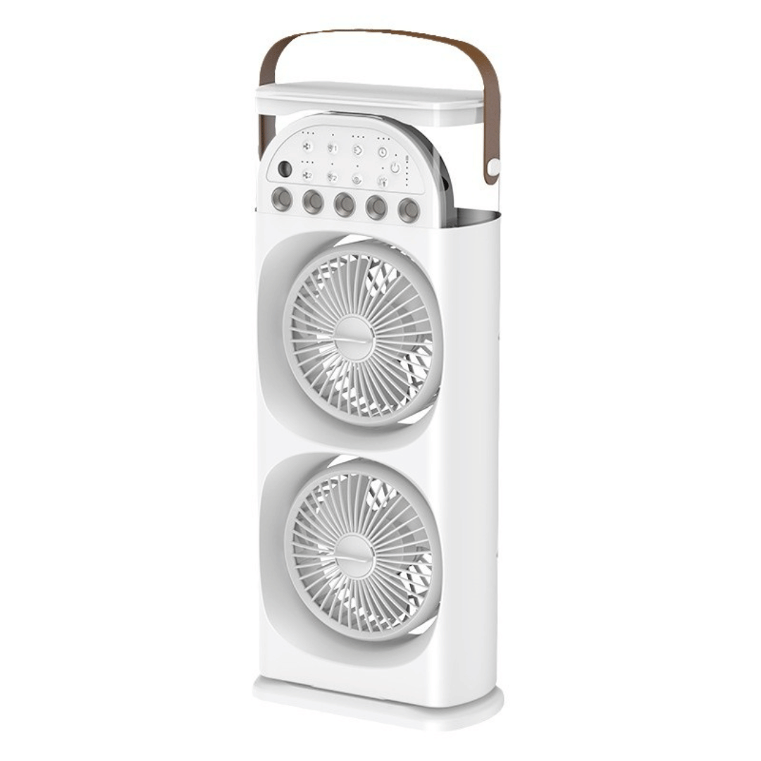 White portable fan with a handle on a white background