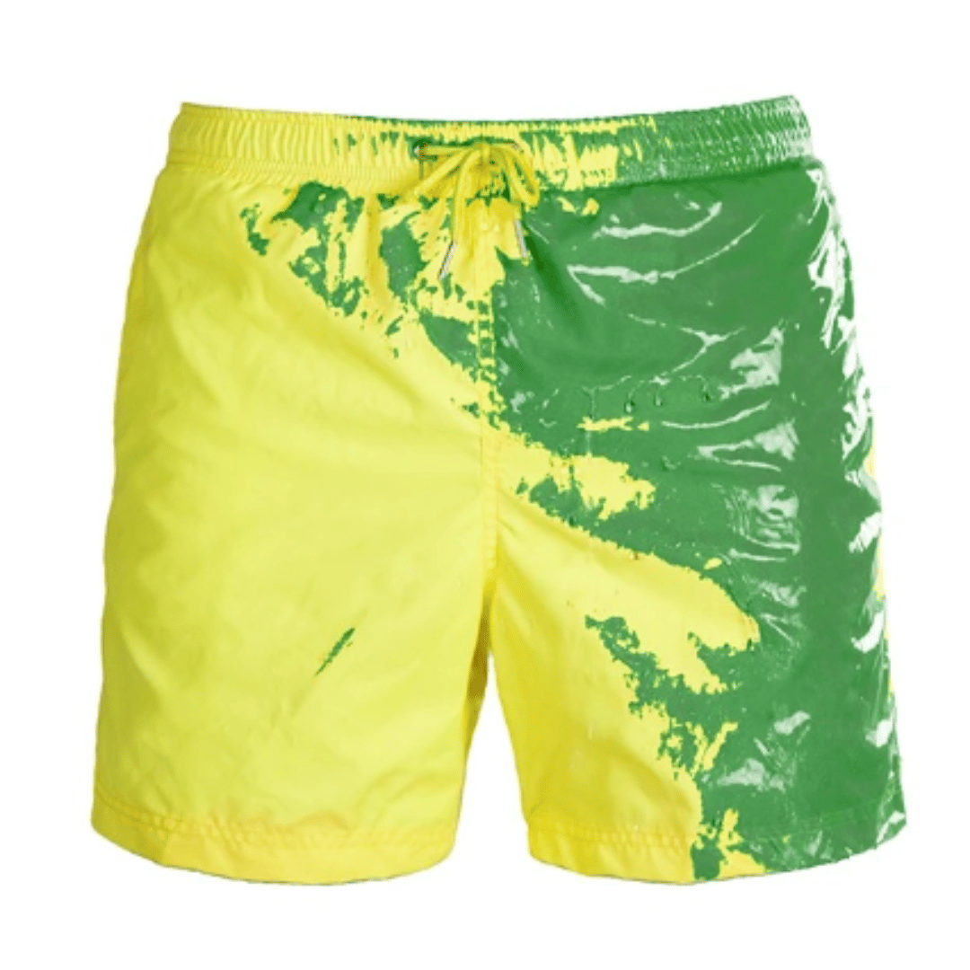 A collection of SplashShift Shorts in various colors, featuring a man modeling the yellow pair, with other pairs shown in blue, orange, and green splattered patterns.