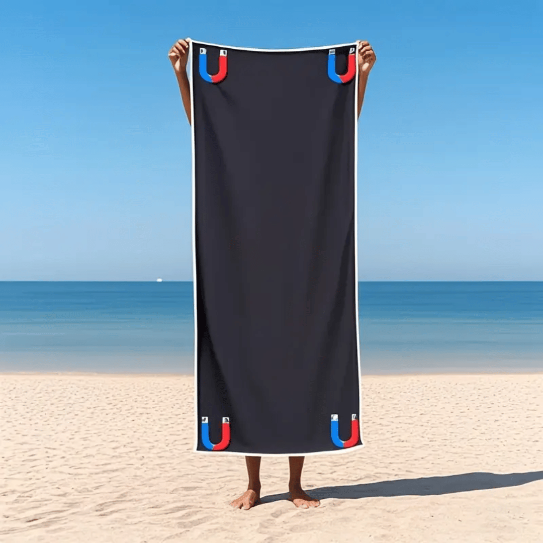 Person holding a black towel with colorful handles on a beach.