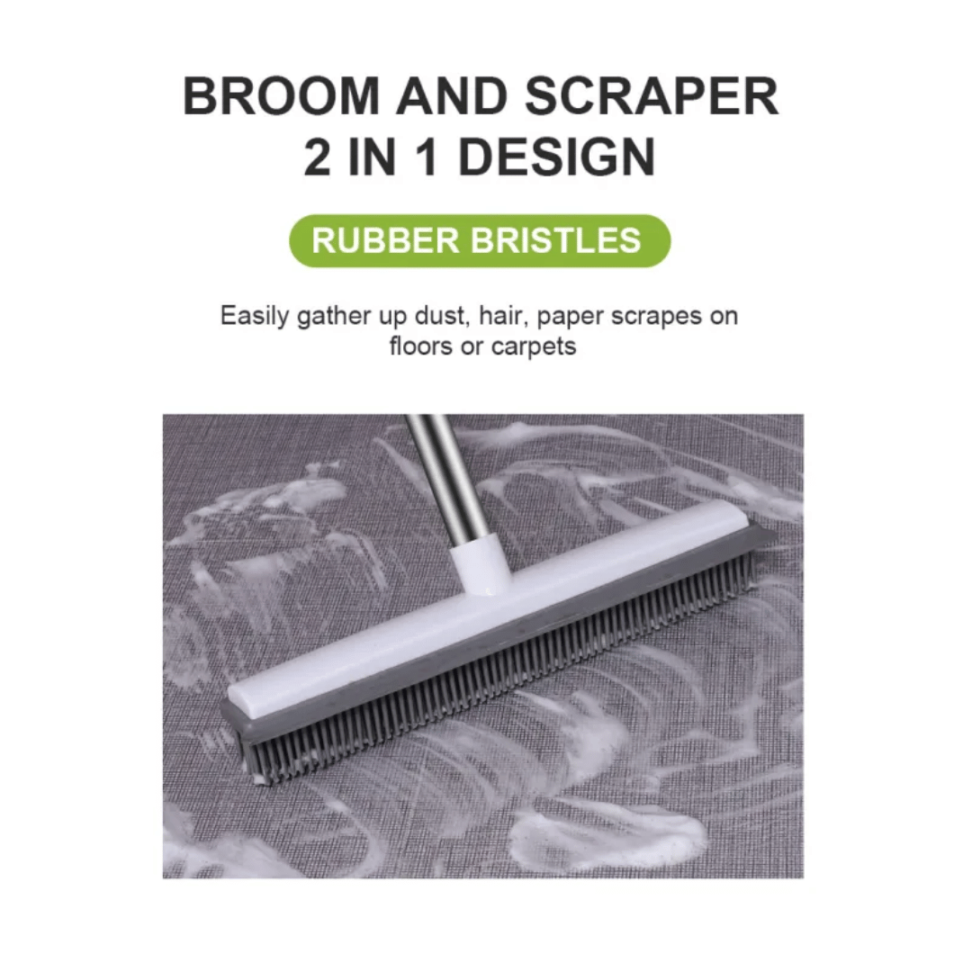 Broom and scraper with rubber bristles cleaning a carpet