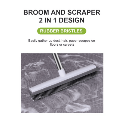 Broom and scraper with rubber bristles cleaning a carpet