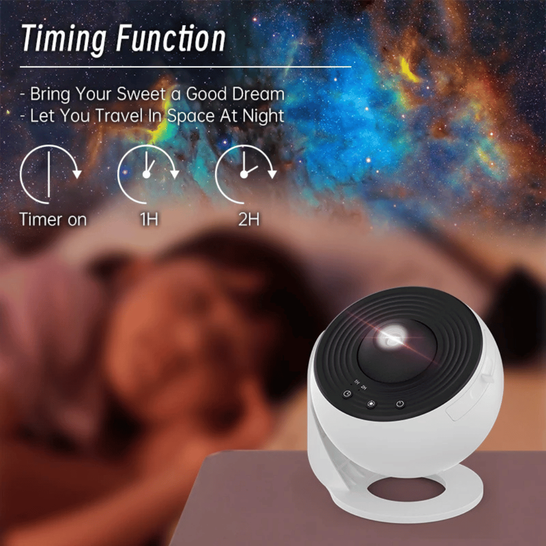Space-themed projector with timing function on a blurred background of a person sleeping.