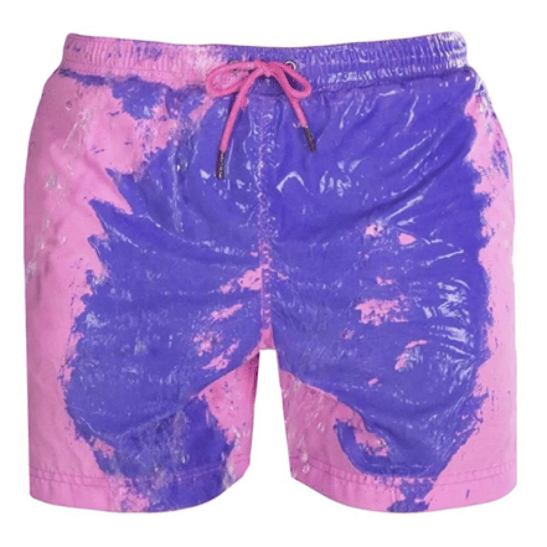 A collection of SplashShift Shorts in various colors, featuring a man modeling the yellow pair, with other pairs shown in blue, orange, and green splattered patterns.