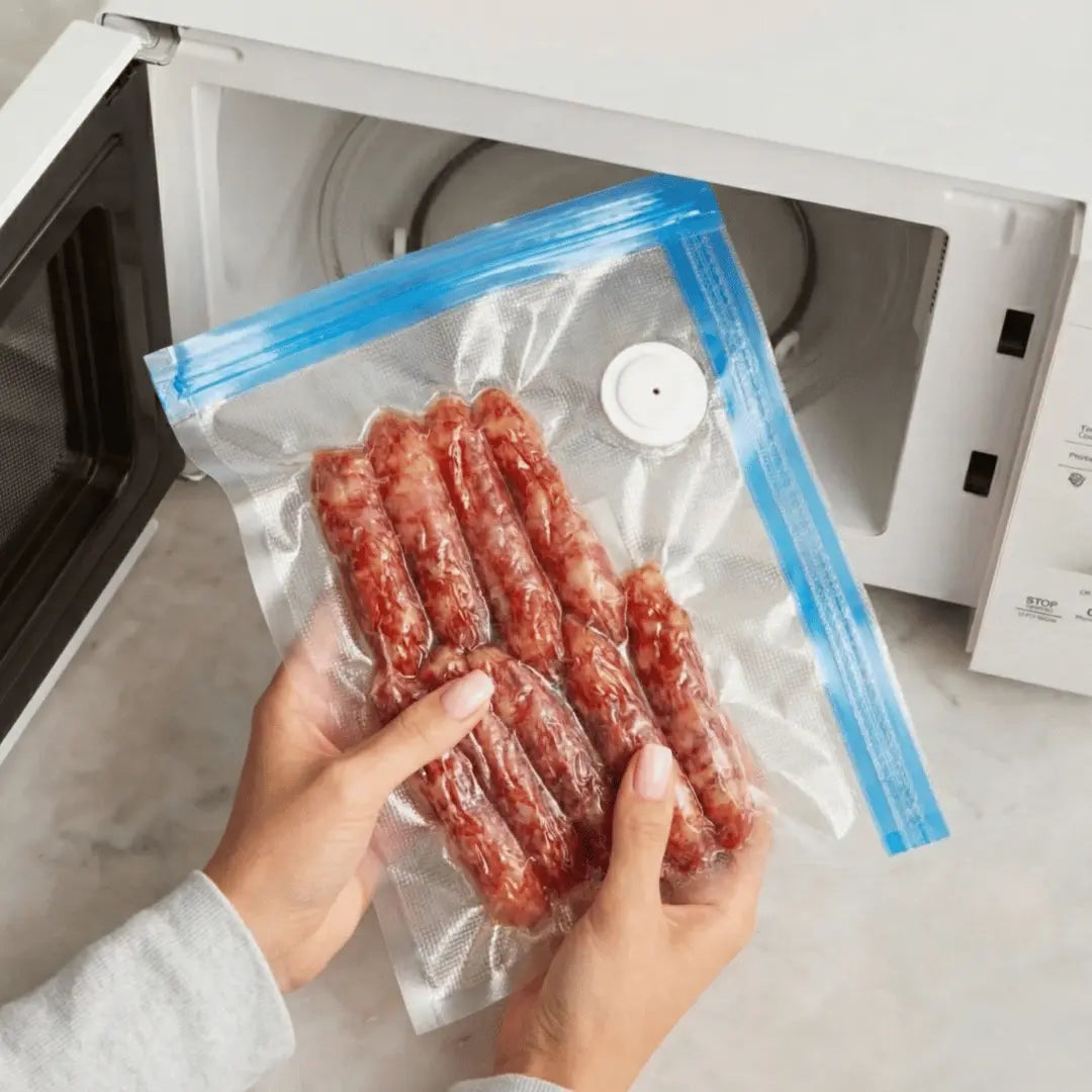 Hand holding a vacuum-sealed bag of sausages in front of an open microwave.