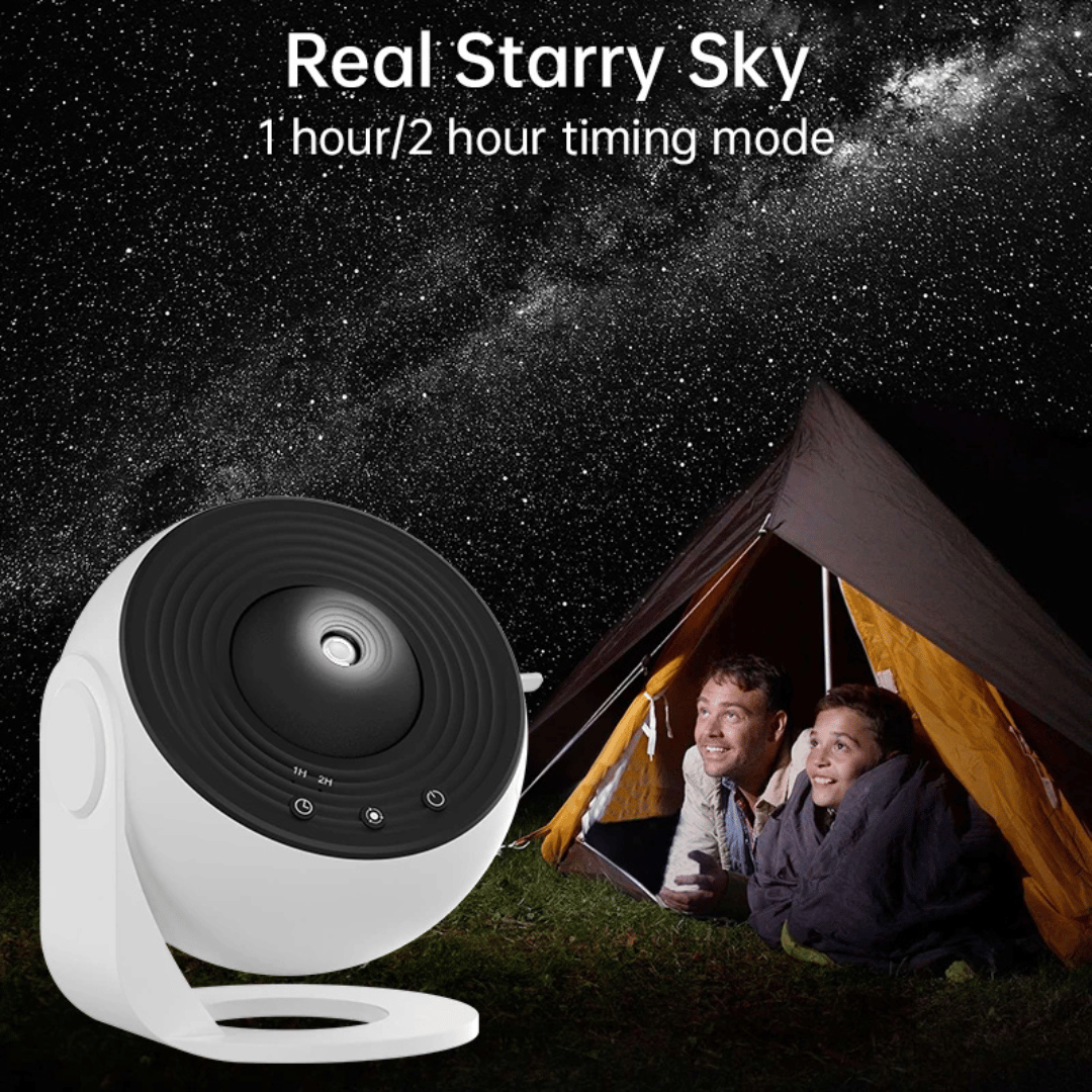 Starry sky projector with a tent and people underneath against a starry night sky.