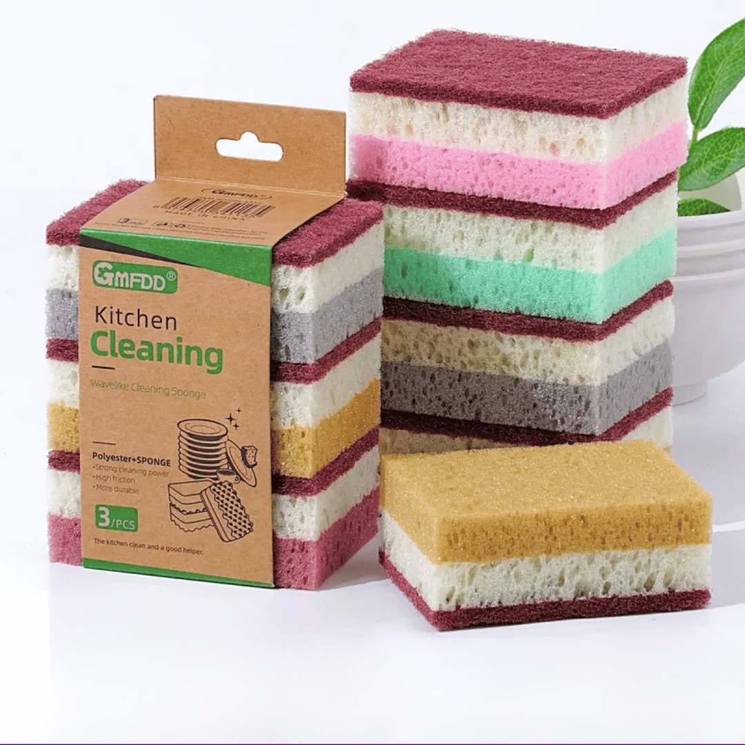 TriFoam 3-in-1 high-foam sponge brush with ergonomic handle for kitchen and dish cleaning