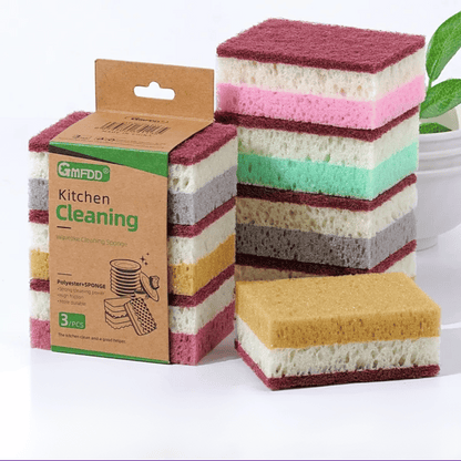 TriFoam 3-in-1 high-foam sponge brush with ergonomic handle for kitchen and dish cleaning