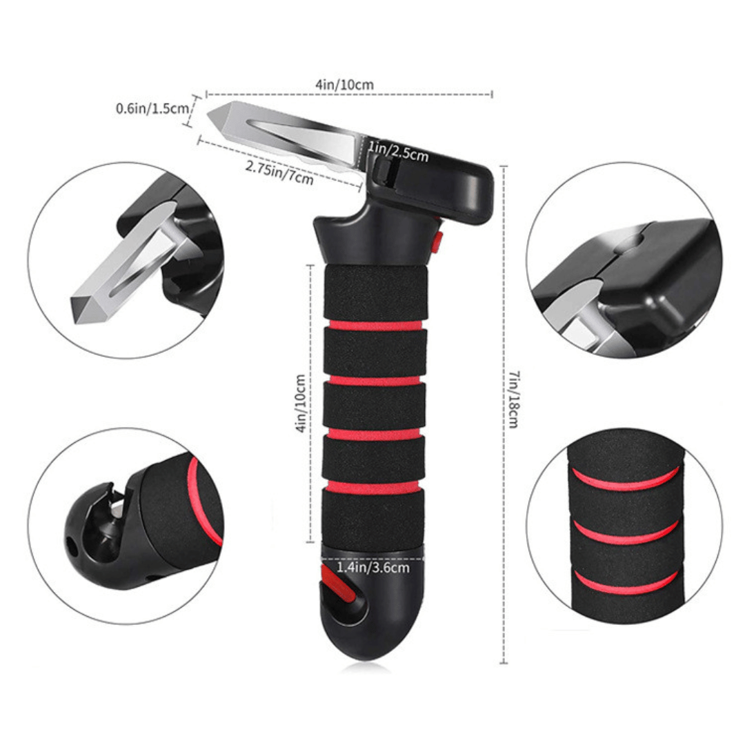 Two multifunctional vehicle safety handles with black, red, and blue grips, designed for stability and emergency tools