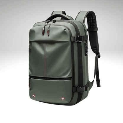 A collection of images showcasing a black TravelMaster Backpack with different views, highlighting its features such as multiple compartments, dedicated laptop section, and ergonomic design.