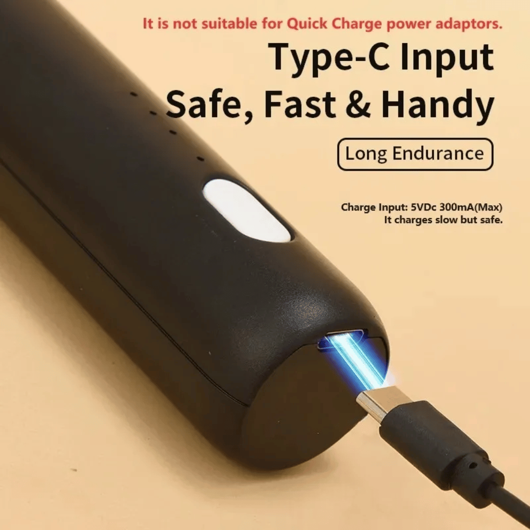 Black electronic device with Type-C input on a beige background, featuring text about safe, fast, and handy charging.