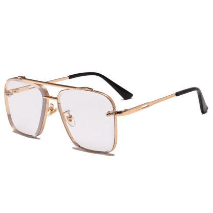 A pair of Enzo Bellucci retro sunglasses with a gold frame and dark lenses.