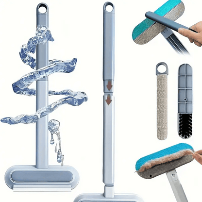 Cleaning tool with water flow illustration and interchangeable attachments on a white background