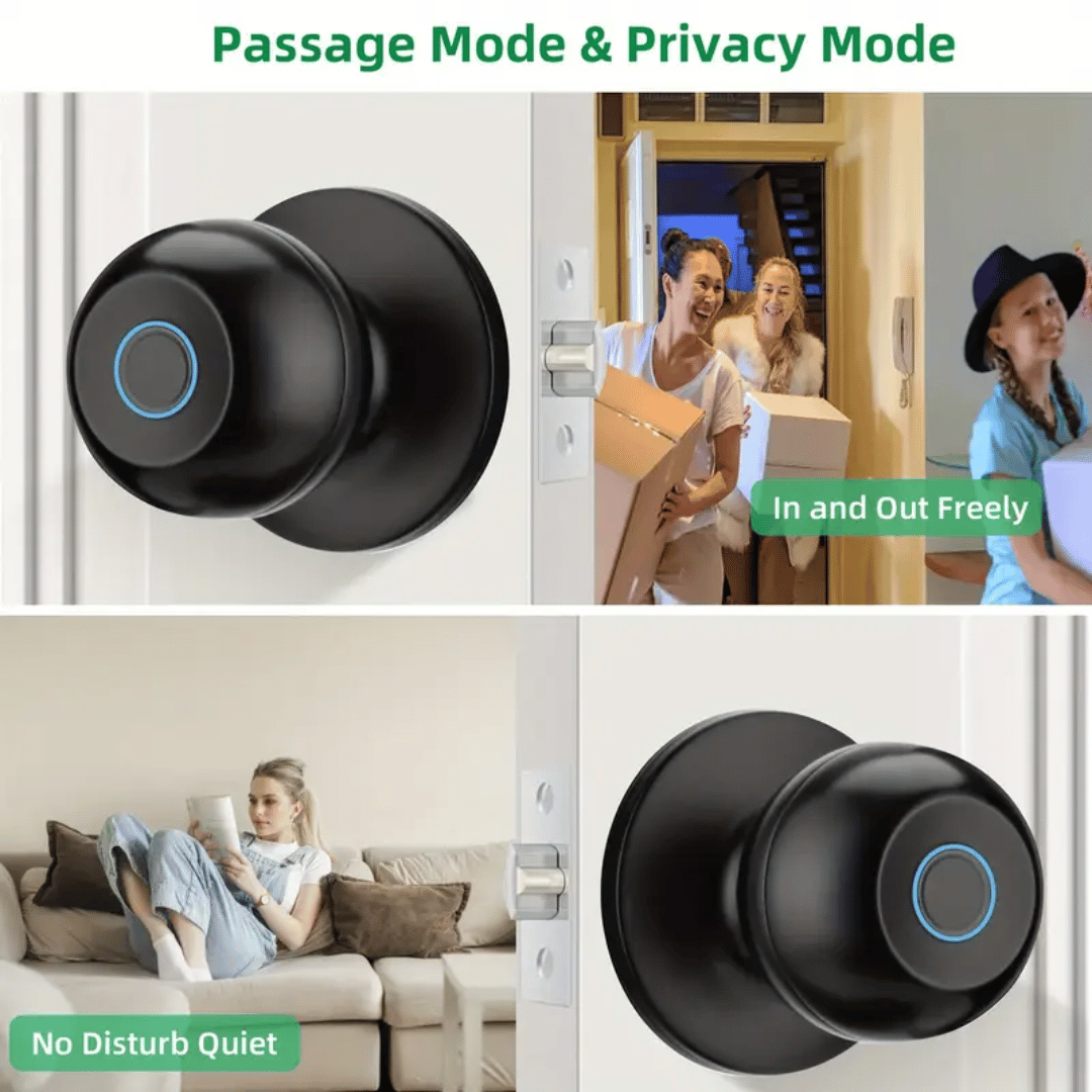 Smart door lock with passage and privacy modes, showing people using it and a woman on a couch.