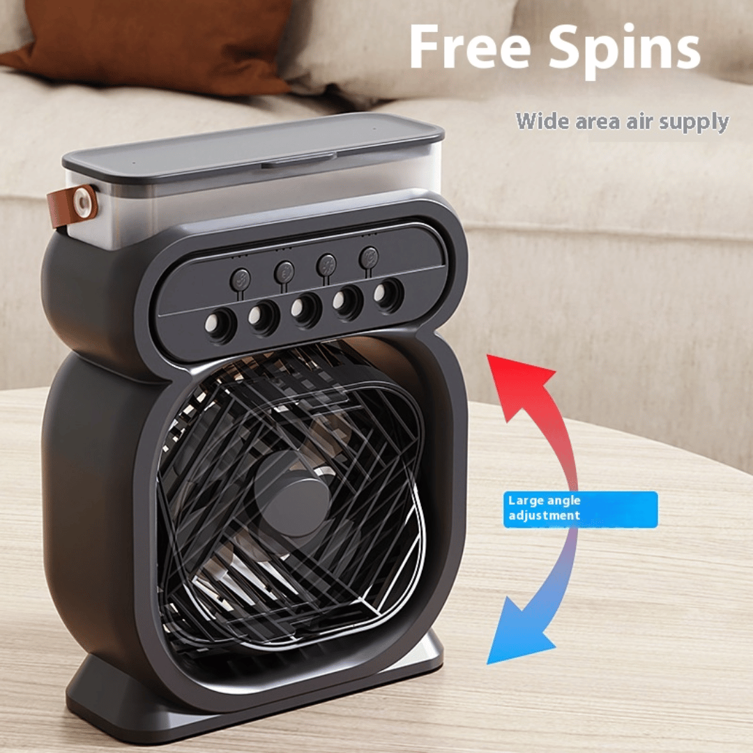 Portable fan with features highlighted on a neutral background