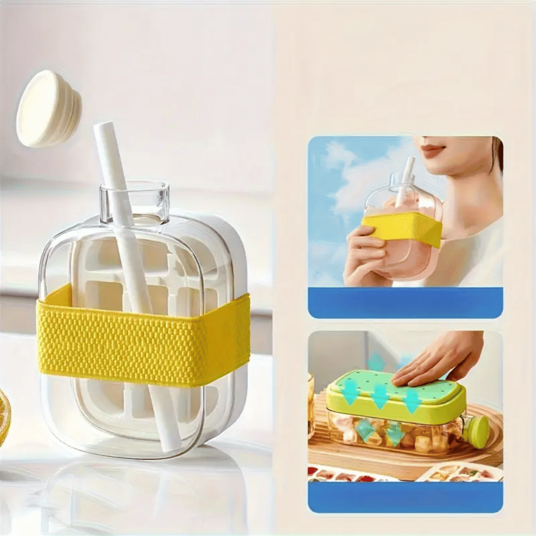 Clear glass drink container with yellow lid and straw, shown with a person using it.