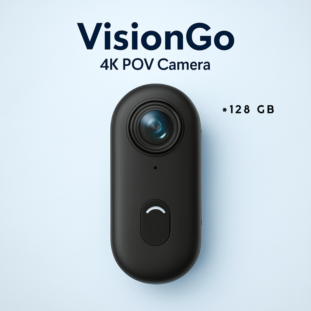 A 4K POV camera with a magnetic neck strap, long lanyard, and various mounting accessories, predominantly black in color.