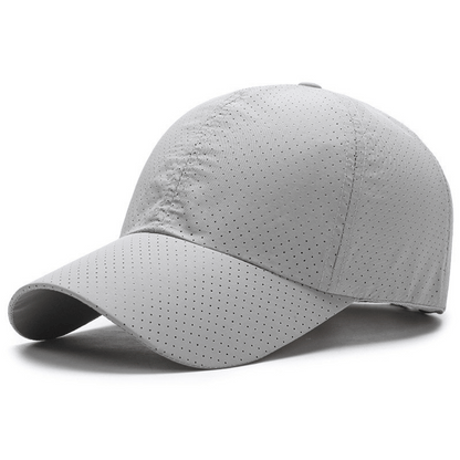 Gray baseball cap with perforated design on a white background