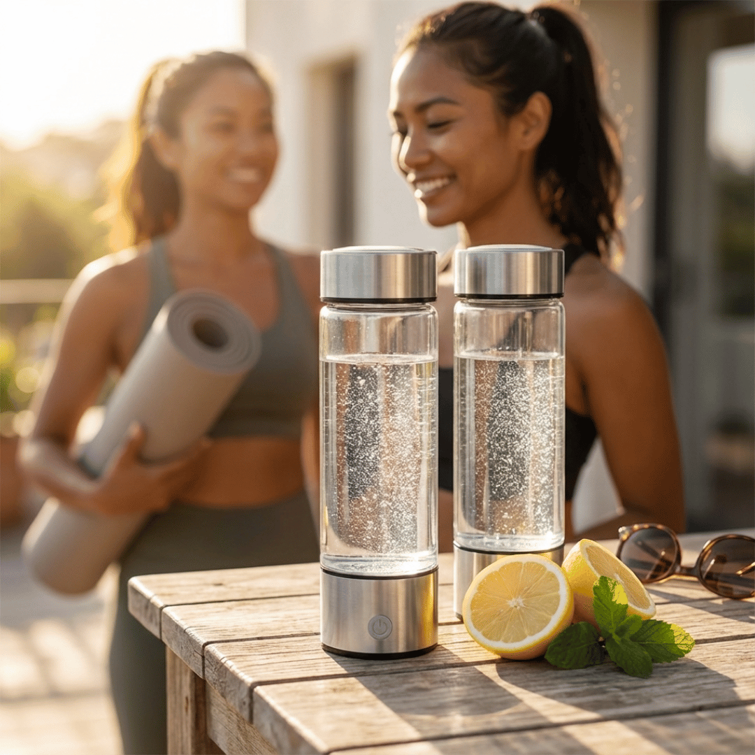 Two women in workout attire with lemon water and lemons on a table outdoors.