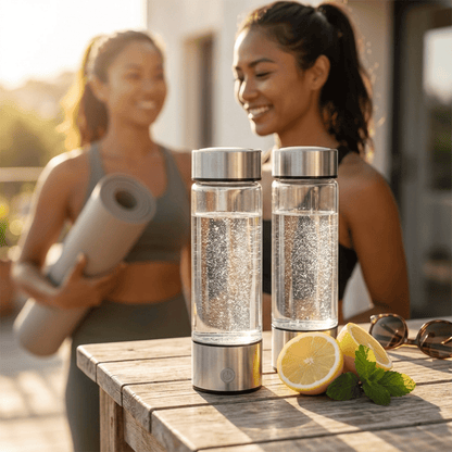 Two women in workout attire with lemon water and lemons on a table outdoors.
